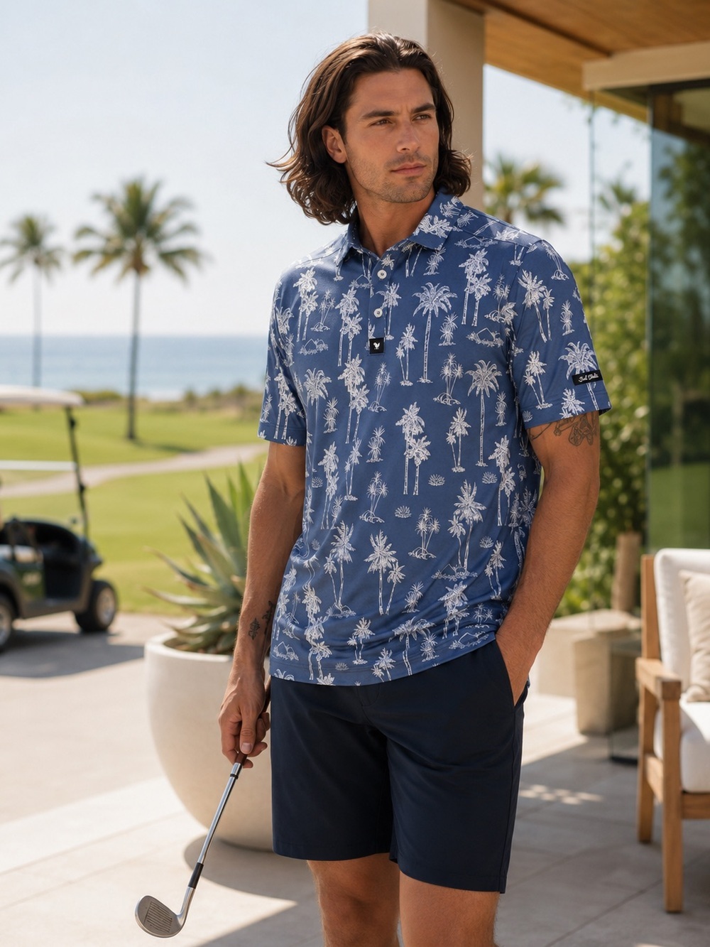 Bad Birdie Thermal Golf Polo Men L Blue White Palm Tree Performance Shirt